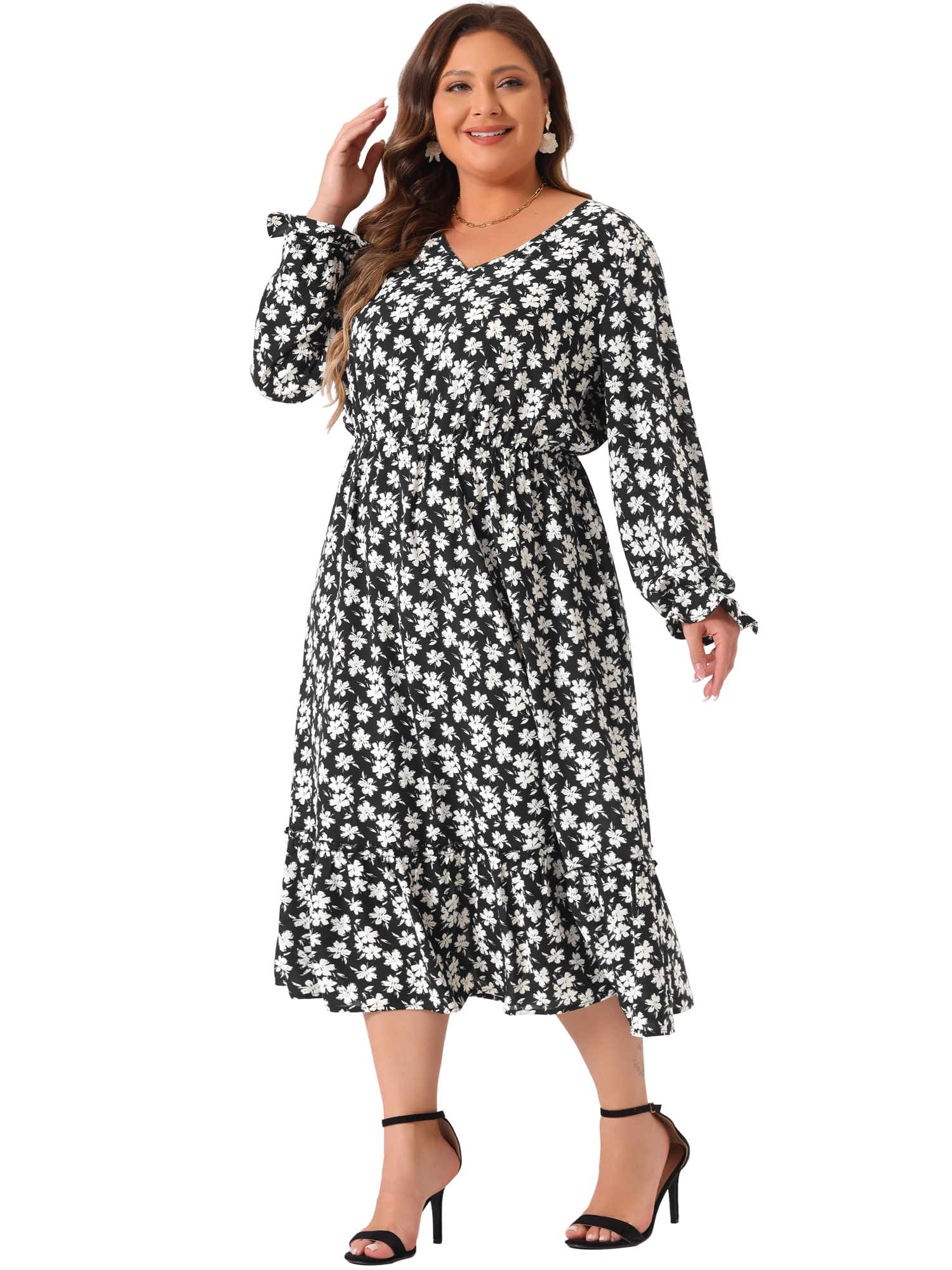 DARING DIVA Plus Size Floral Print V Neck Long Sleeve Maxi Dress 3X Black