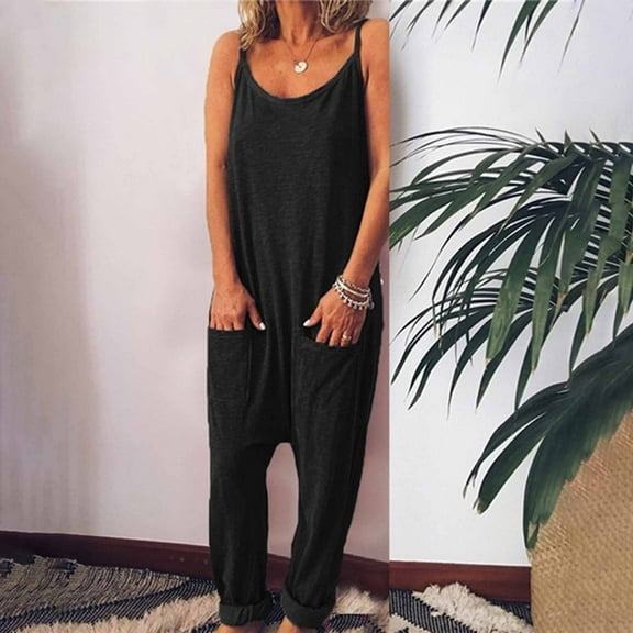 Virmaxy Baggy Overalls For Women Printed Summer Sleeveless Pockets Backless Harlan Pants Loose Long Playsuits Rompers Jumpsuit Wide Leg Overalls For Wome Black M