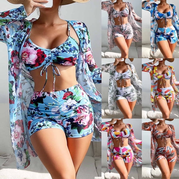 Jacenvly 2024 Cover-Up Split Three-Piece New Style Long Sleeve Swimsuit Floral with Cover up Surfing Swimwear Skin-Friendly Ladies Women'S Bathing Suit for Women Beachwear Orange