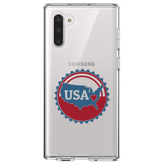 DistinctInk Clear Shockproof Hybrid Case for Samsung Galaxy Note 10 (6.3" Screen) - TPU Bumper Acrylic Back Tempered Glass Screen Protector - USA Heart Seal Red White & Blue