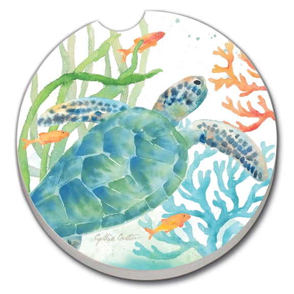 Absorbent Stoneware Car Coaster, Sea Life Serenade, Set of 2