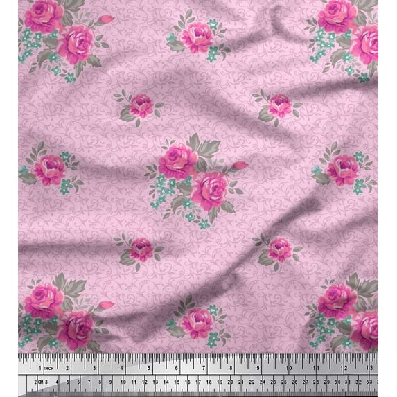 Soimoi Modal Satin Fabric Swirl,Leaves & Rose Floral Print Sewing Fabric Yard 42 Inch Wide