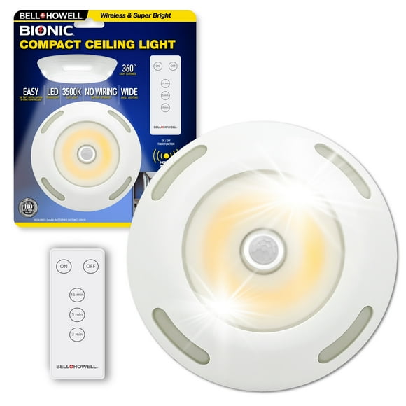 Bell + Howell Plafonnier Bionique Compact à DEL avec Couverture à 360°, Capteur de Mouvement, à Piles, Installation Facile, Lumière Douce 3500K, Blanc