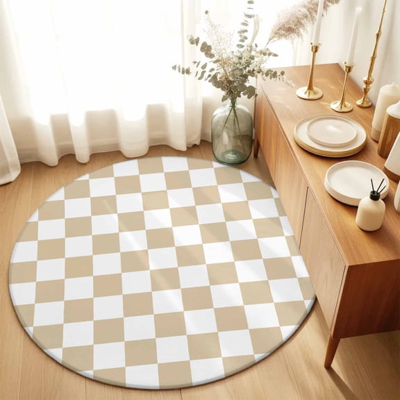 Beige Checkered Round Area Rug 4 FT, Non Slip Indoor Outdoor Rug, Geometric Cream Buffalo Plaid Washable Soft Circular Carpet Non-Shedding Floor Mat for Coffee Table Nursery Foyer Balcony