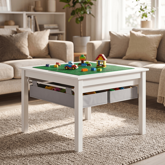 PAWON 2-in-1 Kids Construction Play Table with Storage Drawers, White