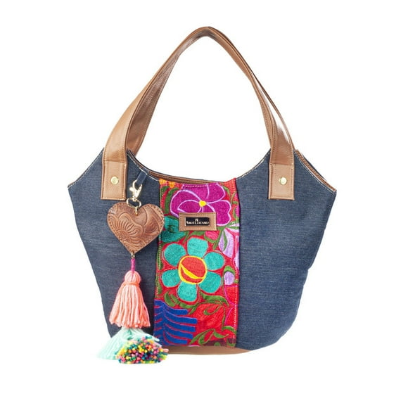 Bolso de dama AngeLozano Diana tipo Tote de Mezclilla con Telar Flores