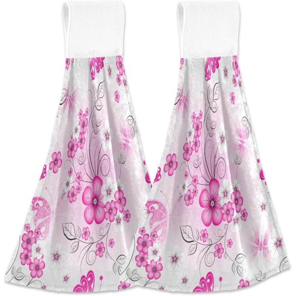 SKYSONIC 2 PCS Floral Spring Pattern Gradient Cherry Flowers Butterflies Hanging Kitchen Towels Absorbent Hanging Hand Towel, Cute Hand Towel with Hanging Loop, 12"x17"