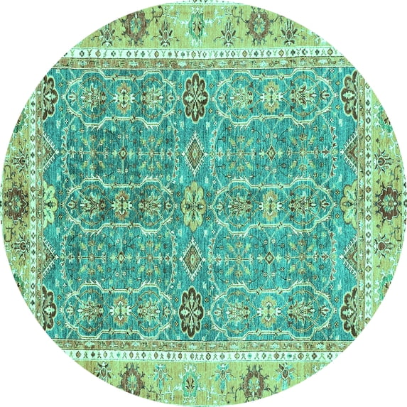 Ahgly Company Machine Washable Indoor Round Oriental Turquoise Blue Traditional Area Rugs, 7' Round