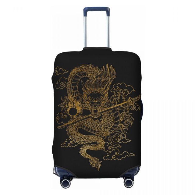 Custom Black And Gold Dragons Travel Luggage Cover Elastic Japanese Wave Suitcase Cover Protector Fit 18-32 Inch