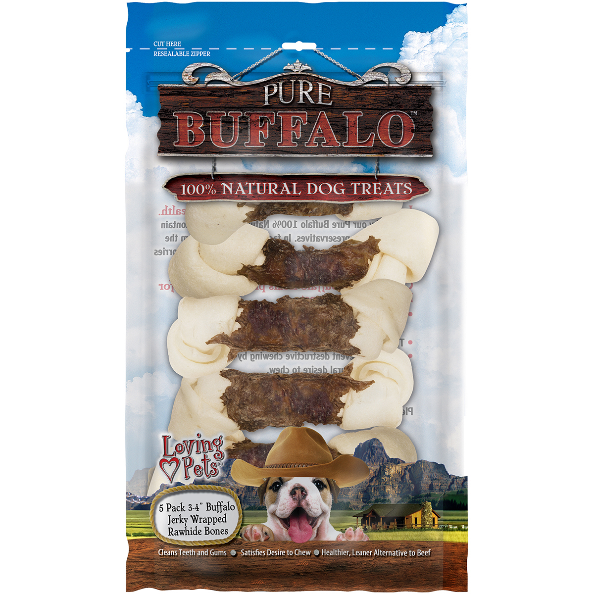 Pure Buffalo 3"4" Buffalo Jerky Wrapped Rawhide Bone 5/Pkg