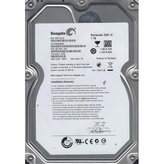 ST31000528AS, 9VP, TK, PN 9SL154-301, FW CC35, Seagate 1TB SATA 3.5 Hard Drive