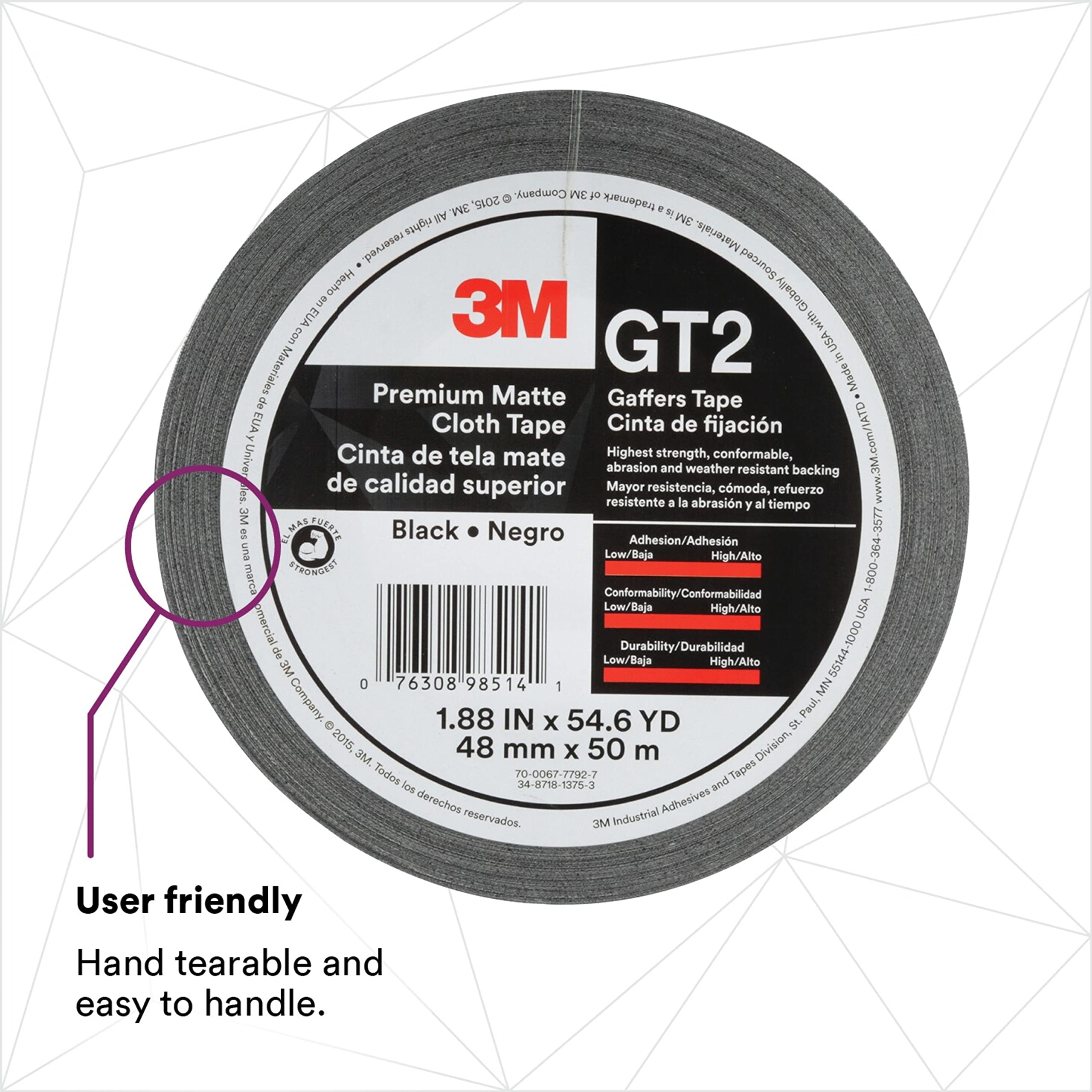 3M™ Premium Matte Cloth Gaffers Tape GT2 Black, 1.88 IN X 54.6 YD (Professional Grade)