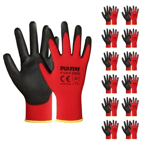 Dulfine Guantes De Trabajo De Seguridad Recubiertos De Pu, 12 Pares De Guantes De Punto Rojos Sin Costuras Con Agarre Suave Recubierto De Poliuretano En La Palma Y Los Dedos Para Hombres Y Mujeres, Id
