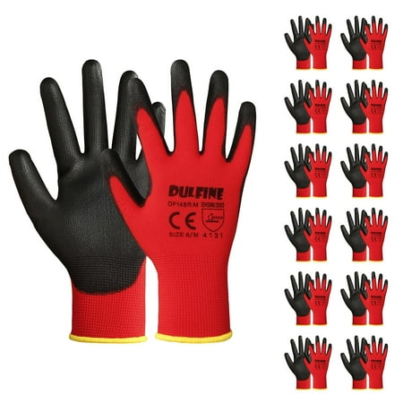 DULFINE Safety Work gloves PU coated-12 Pairs,Red Seamless Knit glove ...