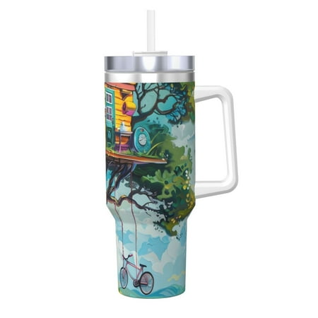 

Daiia Whimsical Treehouse Painting Printed 40 oz Tumbler with Handle Ice Bully Insulated Tumbler 2 in 1 Lid Insulated Water Bottle Stainless Steel Travel Coffee Mug