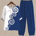thumbnail image 1 of Ladies Five Sleeve Printed Blouse Pants Two Piece Suit, Blue L, 1 of 3