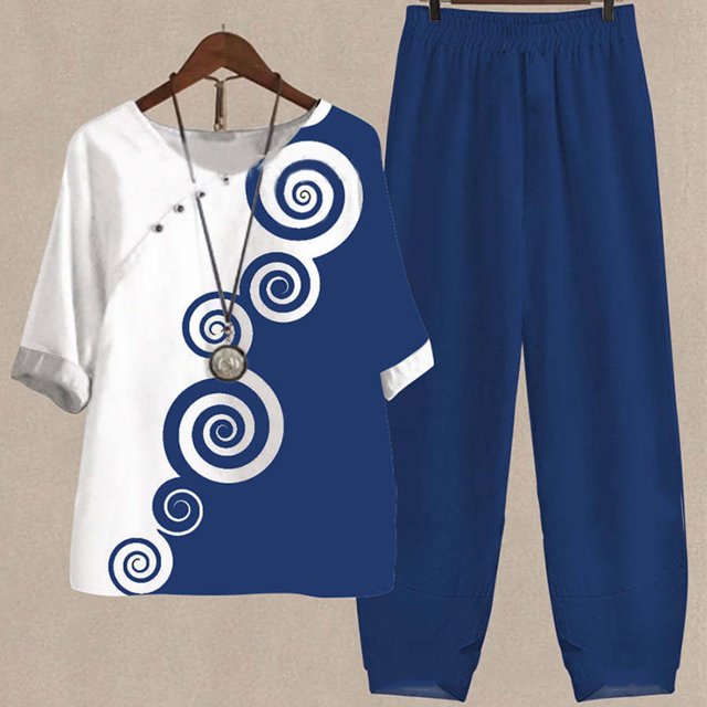Ladies Five Sleeve Printed Blouse Pants Two Piece Suit, Blue L