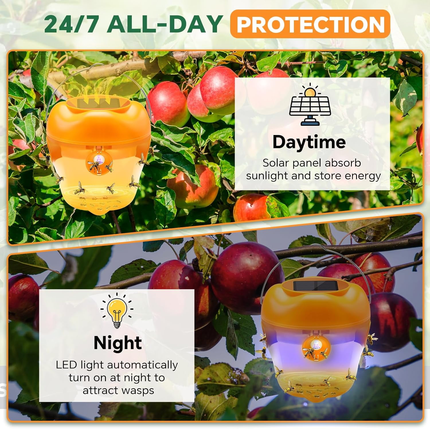 2 PACK Wasp Trap, Solar Wasp Traps Hanging, Reusable Yellow Jacket Bee Traps for Outside with LED Light, Hornet Trap for Orchard, Farm, Garden, Patio, Courtyard (Yellow)