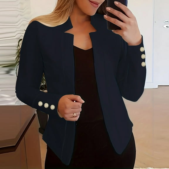 Women's Lapel Long Sleeve Blazer Business Work Casual Blazer Navy M