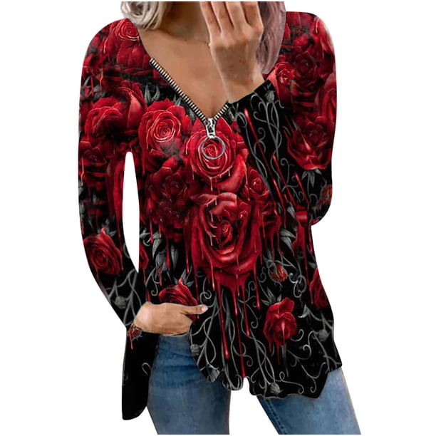 Blusa informal de manga larga con cuello en V y cremallera suelta con estampado floral para mujer Pompotops gfhjh5109