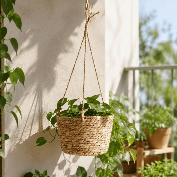 Liujiale Garden Hanging Planter Macrame Plant Storage Basket Rope Woven Indoor Outdoor Flower Pot Holder Khaki Color