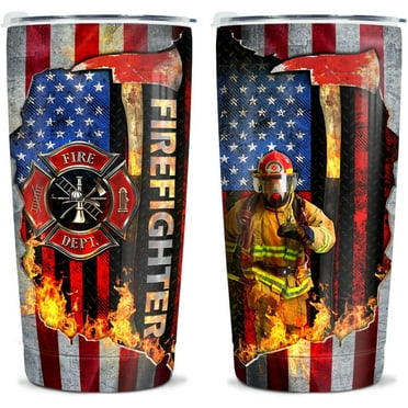 Firefighter Tumbler For Men Boys Stainless Steel Insulated 20oz American Flag Tumblers Coffee Travel Mug Cups With Lid For Grandpa Dad Husband Uncle Son Father's Day Present Gifts