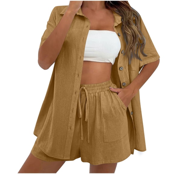 2 Piece Outfits Women Summer Cotton Linen Shorts Set Going Out 2 Piece Co Ord Sets Casual Loose Short Sleeve Button Shirts & Shorts Matching Beach Travel Outfit Ladies Tracksuit Shirt Sets