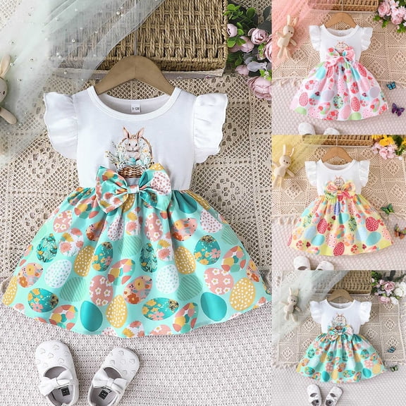 Toddler Girls Easter Bunny Print Dress - Flutter Sleeves Summer Dress with Allover Floral Pattern, Soft Cotton