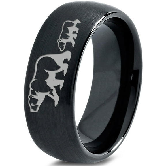 Tungsten Adult Bear Cub Following Walking Band Ring 8mm Men Women Comfort Fit Black Dome Brushed Polished