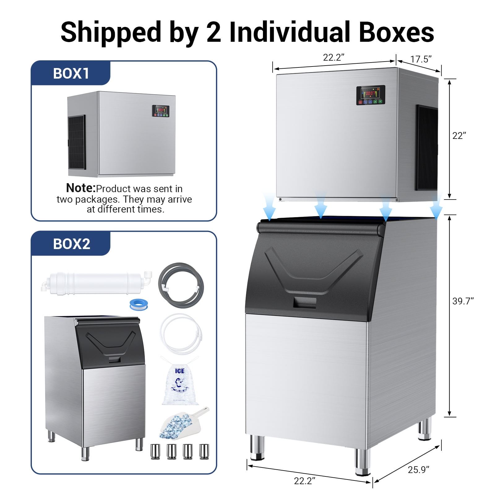 Joreek Commercial Ice Maker Machine 550lbs/24H Stainless Steel, with 360LBS Storage Bin, Industrial Ice Machine, Ice Ready in 5-15min, Perfect for Bars,Cafes