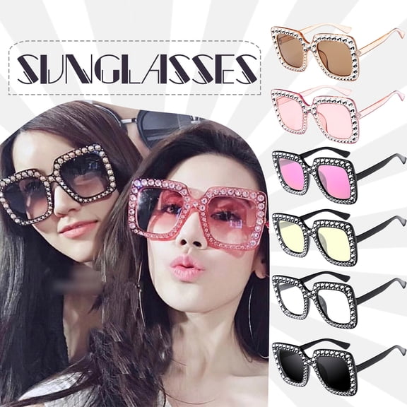 Lumistal Oversized Sunglasses for Women Trendy with Diamonds Square Frame UV Protection Sunglasses Fashionable Lightweight Sun Glasses Fashion Summer Sunnies for Women Black One Size