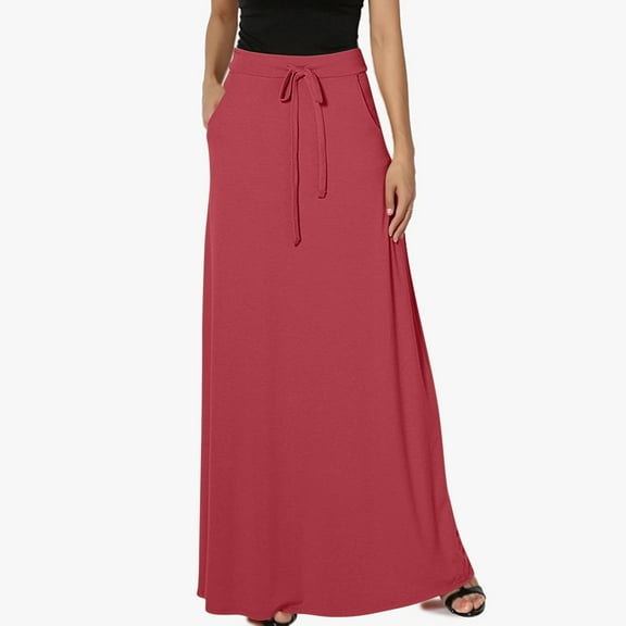 WHLBF Womens Plus Size Clearance Skirt Solid Color Pocket Elastic Waist Casual Ankle Skirt Watermelon Red 10(XL)