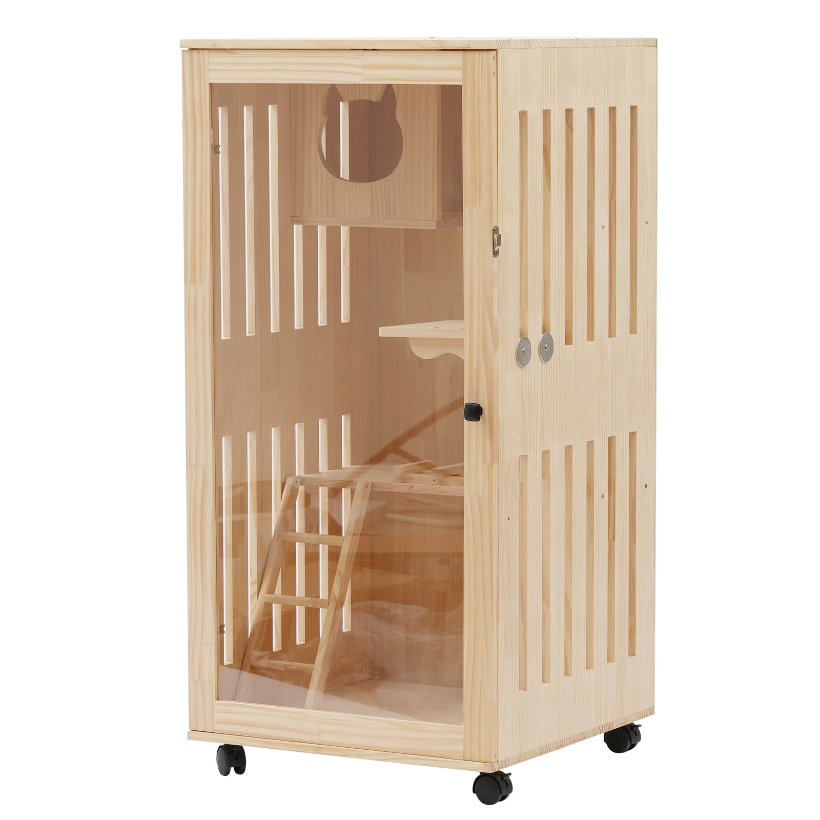 Pine Wooden Cat House Oversized Cat Villa on Wheels Cat Enclosure Catio Cage with Ramp and Covered Cat House Kit Luxury Multi-Feature Cat Condo with Cat Scratching Posts for Outdoor and Indoor Cats