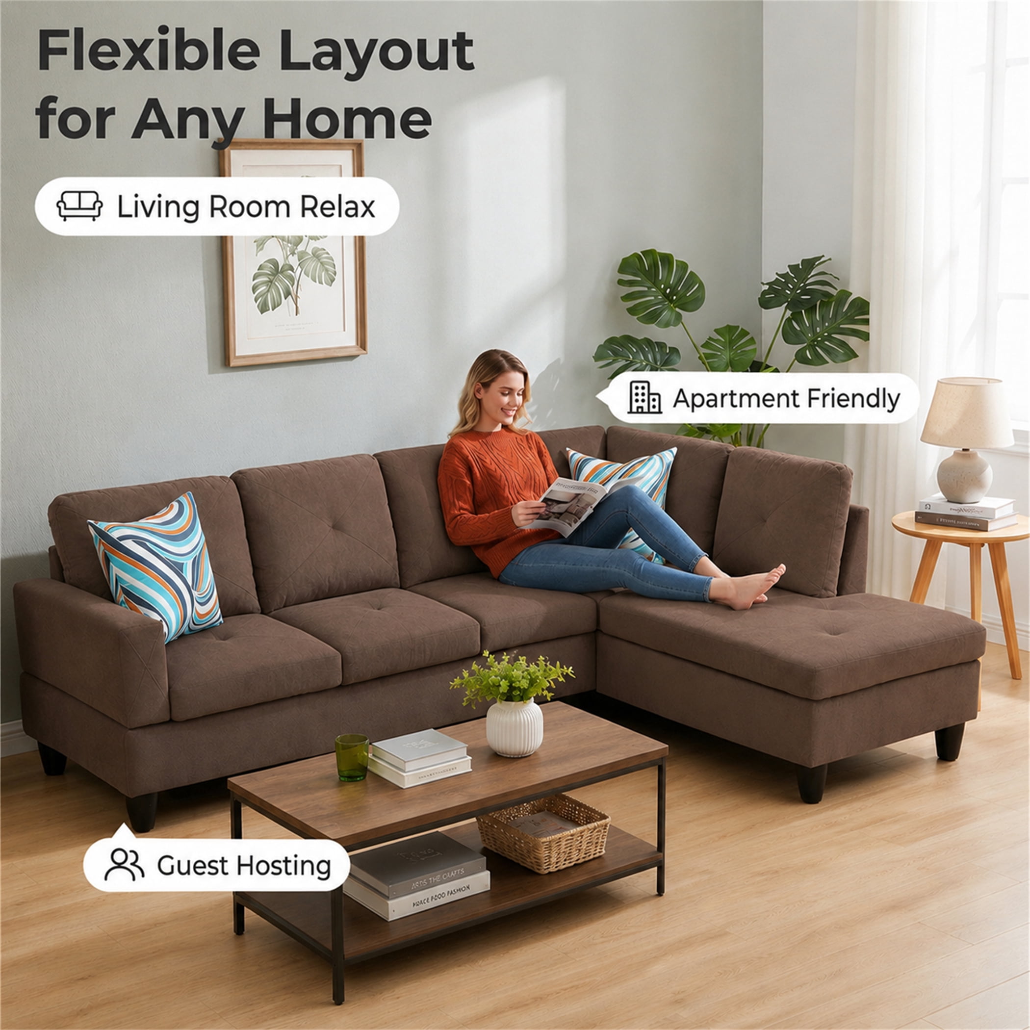 Aukfa 97" Classic Sectional Sofa 4 Seat L shape Couch for Living Room, 2Pillows, Oversized Right Chaise, Chenille, Brown