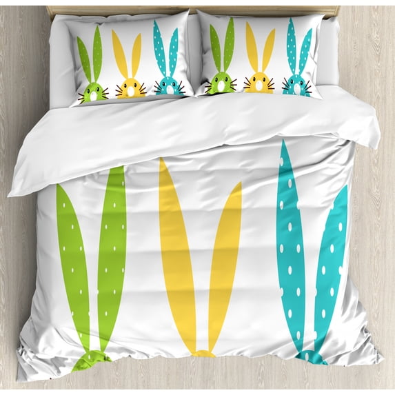 Bunny Duvet Cover Set Queen Size, Colorful Half Face Bunny Drawings with Dots, Decorative 3 Piece Bedding Set with 2 Pillow Shams, White Multicolor, by Ambesonne