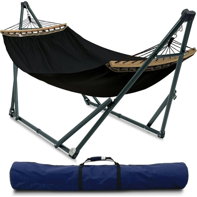 Tranquillo Hamac Universel avec Supports en Acier Enduit Électrostatique, Support de Hamac Réglable et Pliable avec Filet en Polyester à 2 Couches et Sac de Transport pour 2 Personnes. Toile - Noir