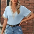 thumbnail image 6 of JGGSPWM Women's Guipure Lace Deep V Neck Crochet Deep V Neck Short Sleeve Shirt Colorblock Blouse Patchwork Top Summer Clothes Sky Blue M, 6 of 8