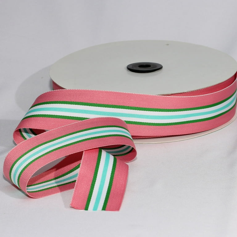 Pink, Green & Yellow Striped Grosgrain Woven Craft Ribbon 1 x 55 Yards