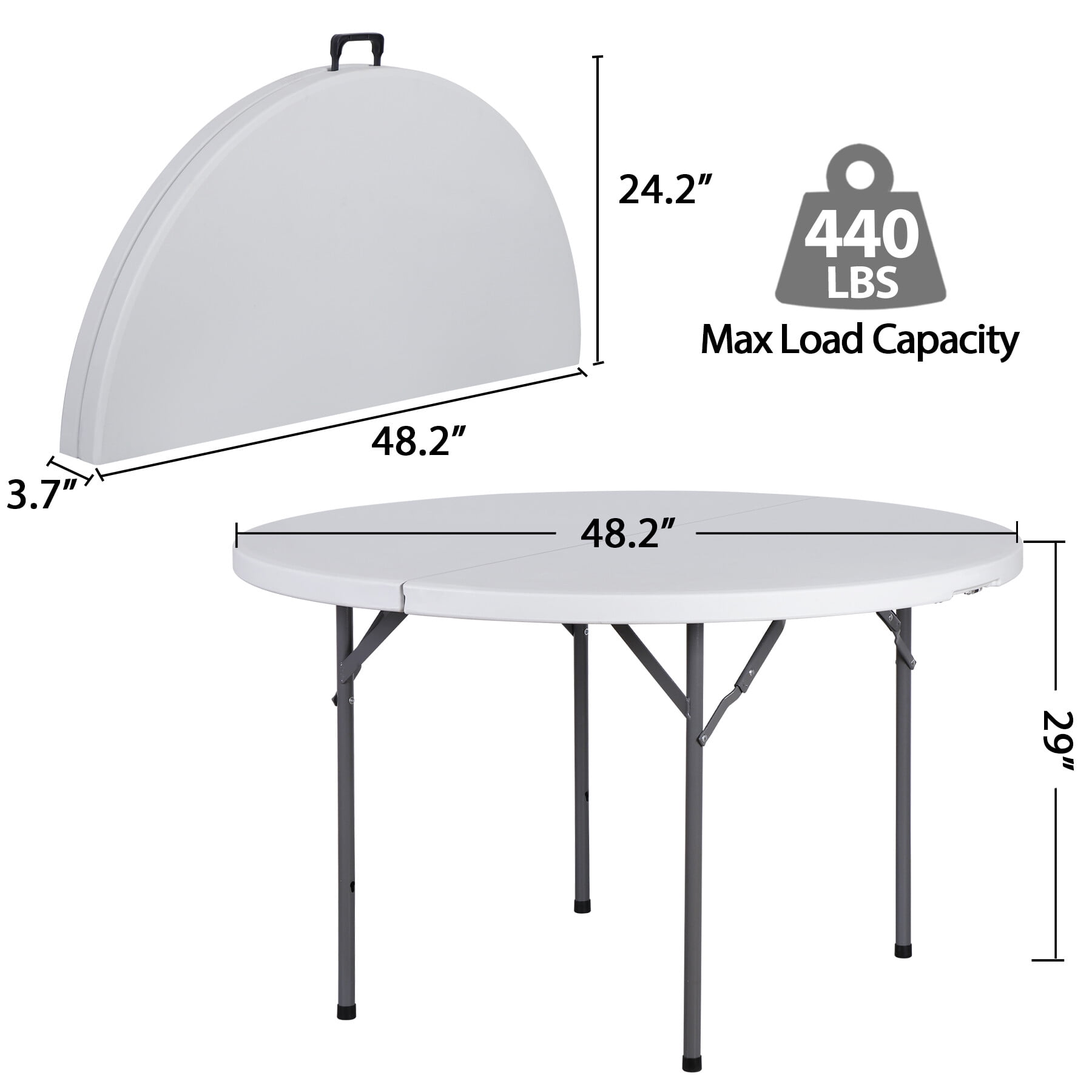 SuperDeal 48" Round Bi-Folding Plastic Table Metal Legs Portable Dining Table with Handle Indoor Outdoor, White