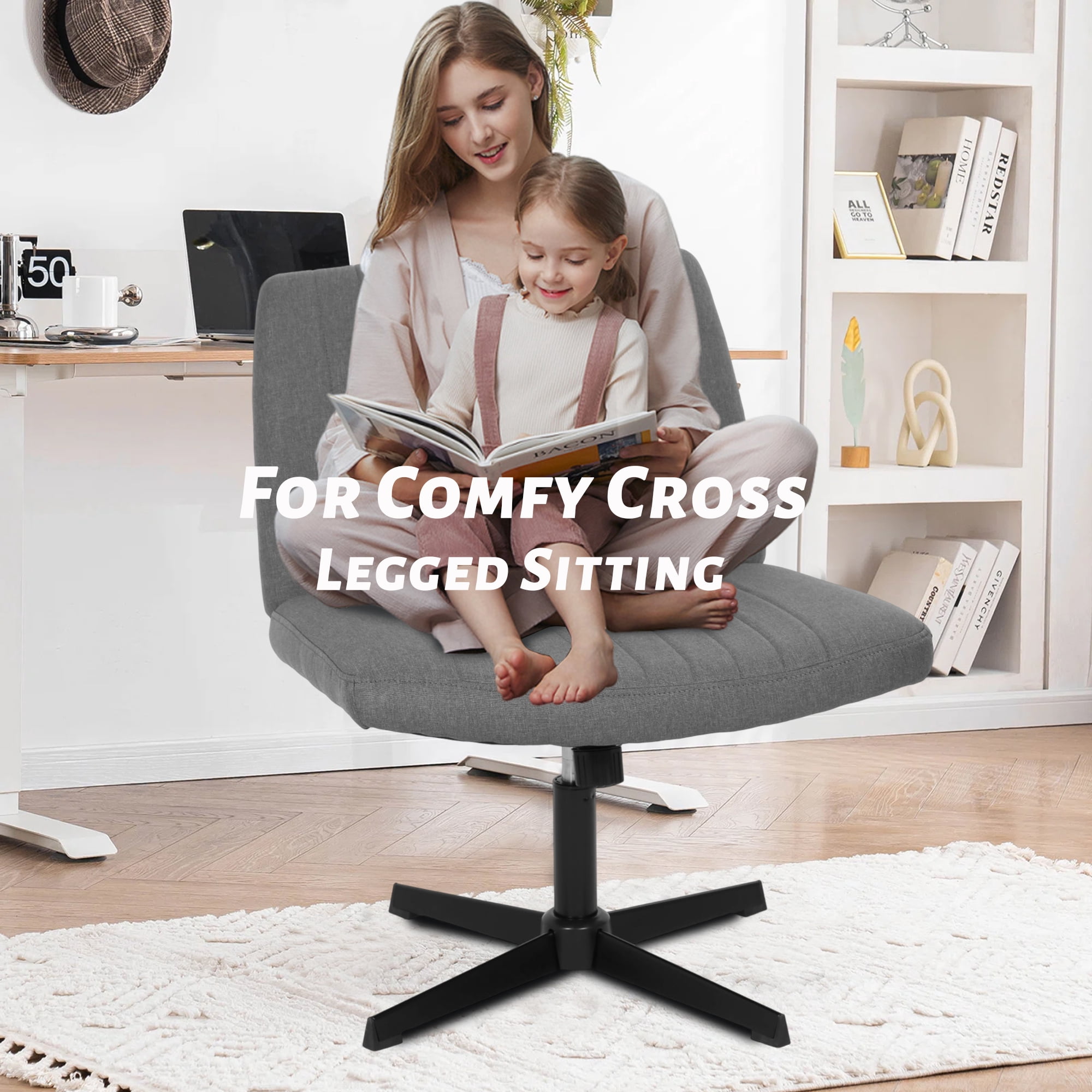 CL.HPAHKL Criss Cross Chair, Height Adjustable Comfy Computer Task Seating Modern Makeup Vanity Chair with Back No Wheels Armless Fabric Wide Desk Chair for Bedroom, Home Office (1, Grey)