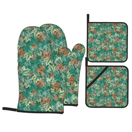 

Oven Mitts and Pot Holders Sets 4 pcs Autumn Maple Leaves 1 Non-Slip Oven Gloves Potholders Soft Quilted Lining Heat Resistant Gloves Hot Pads for Kitchen Cooking Baking