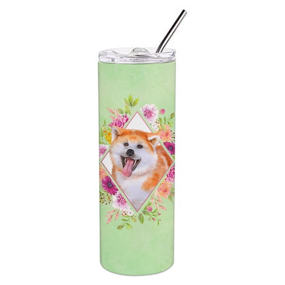 Akita Green Flowers Double Walled Stainless Steel 20 oz Skinny Tumbler