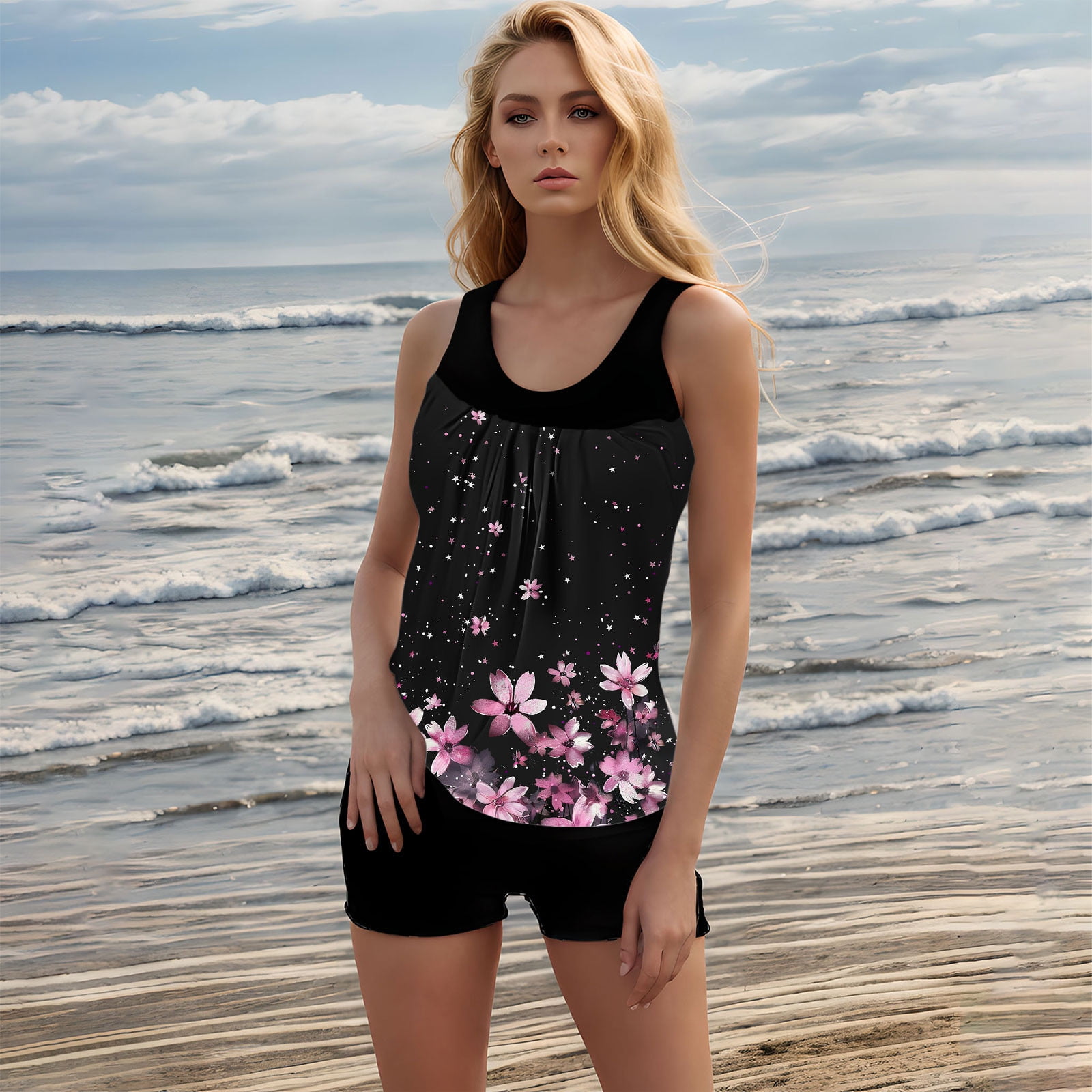 Jsaierl 2 Piece Tankini Bathing Suits for Women Blouson Swim Tops Summer Print Swimwear Loose Fit Cute Tankini Tops with Swim Shorts Tankini Swimsuits Plus Size