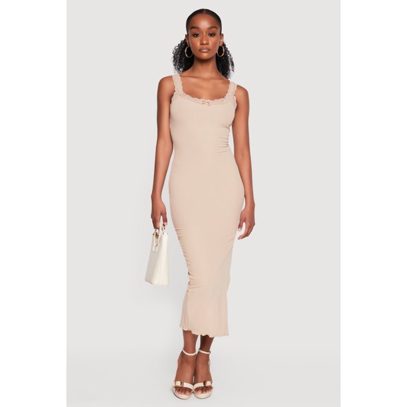 Women's Lace Trim Ribbed Knit Midi Dress with Side Slit