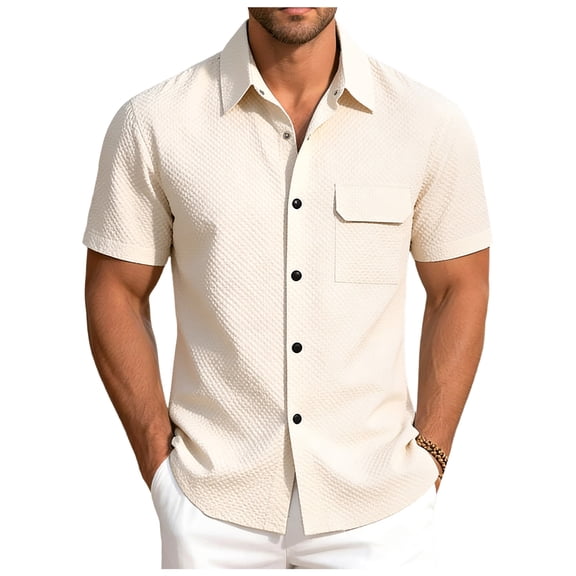RFQWOVSR Men's Seersucker Short Sleeve Button Down Linen Shirts Casual Summer Beach Vacation Tops XXL