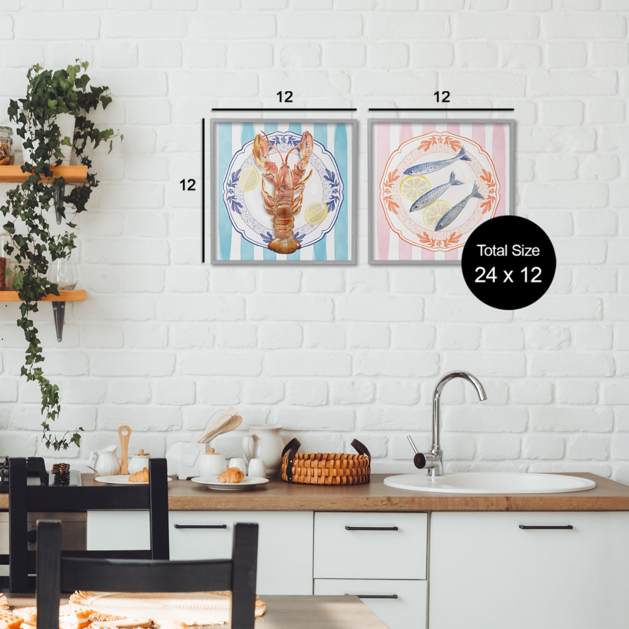 Stupell Industries Lobster & Sardines Plates 2 Piece Gray Framed Giclee Art Set, design by Christie Adams