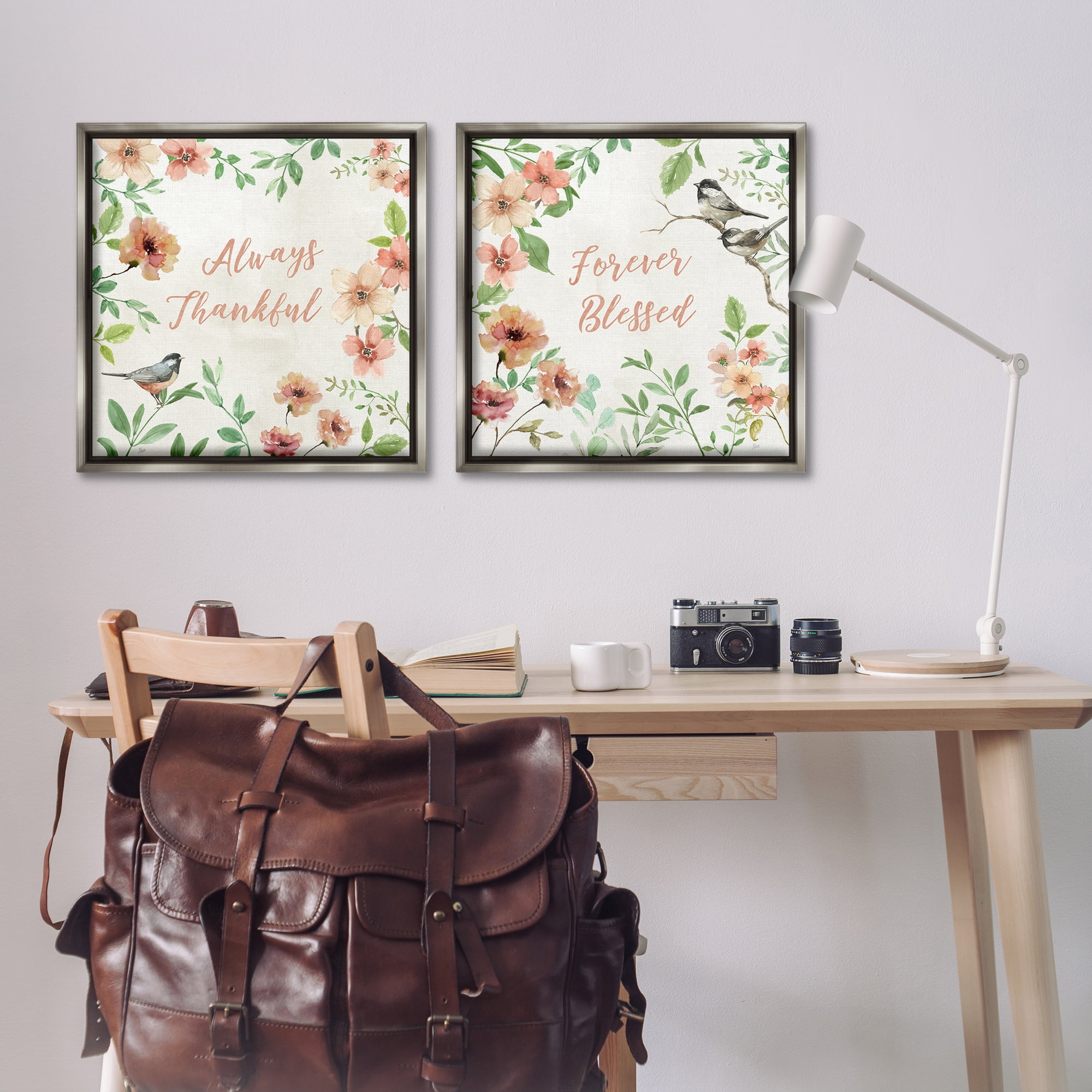 Stupell Industries Always Forever Bird Plants & Flowers Painting Gray Floater Framed Canvas Art Print Wall Art, 25 x 25, Set of 2