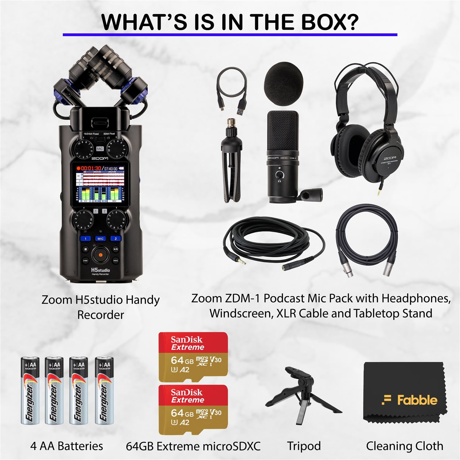 Zoom H5 Studio Handy Recorder Bundle with ZDM-1 Podcast Mic Pack (Dynamic Mic, Headphones, Windscreen, XLR Cable, Tabletop Stand), 64GB SD Cards, AA Batteries, Table Tripod Grip
