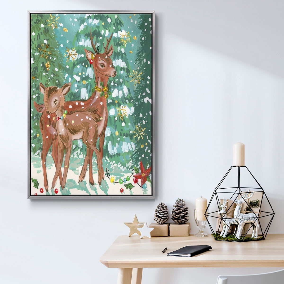 Doe and Fawn II - Framed Gallery Wrapped Holiday Canvas - 17 x 25 - Silver Frame