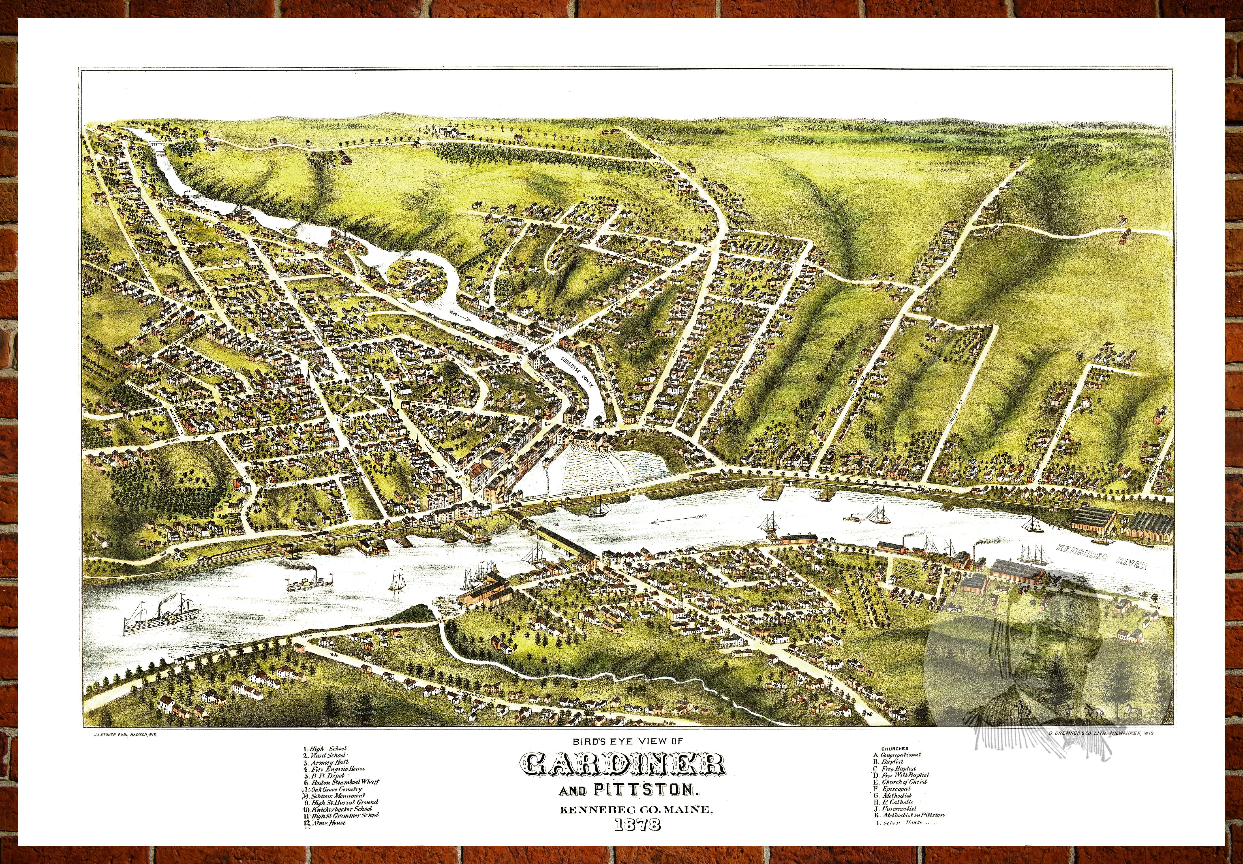 Ted's Vintage Art Map of Gardiner & Pittston, ME 1878; Old Maine Decor